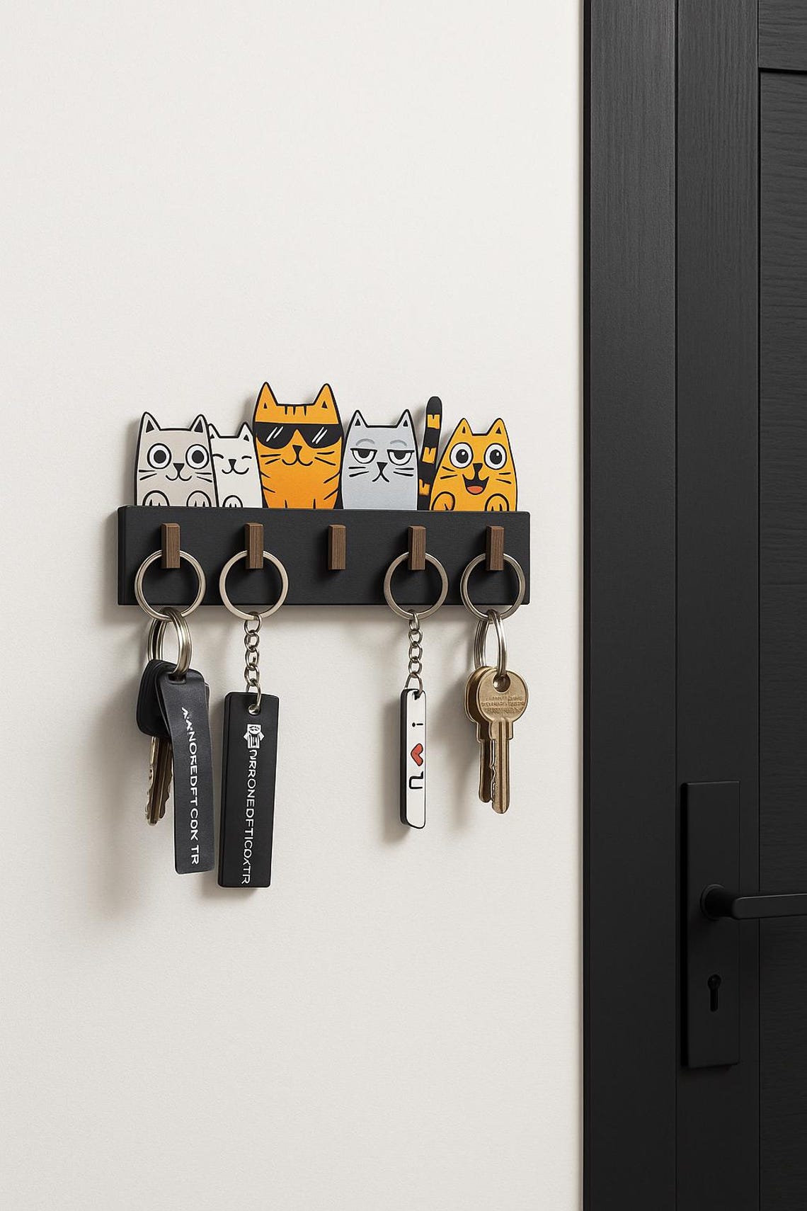 Cute Cat Key Holder – 5 Hook Wooden Wall Organizer – Adhesive Backed No ...