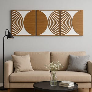 Geometric Wood Wall Art , Mid-Century Modern Wall Decor, Circular Panels for Bedroom or Living Room, Rustic Boho Wood Wall Accent , 3-Piece
