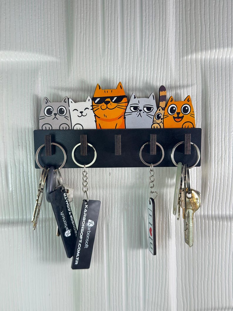 Cute Cat Key Holder – 5 Hook Wooden Wall Organizer – Adhesive Backed No ...