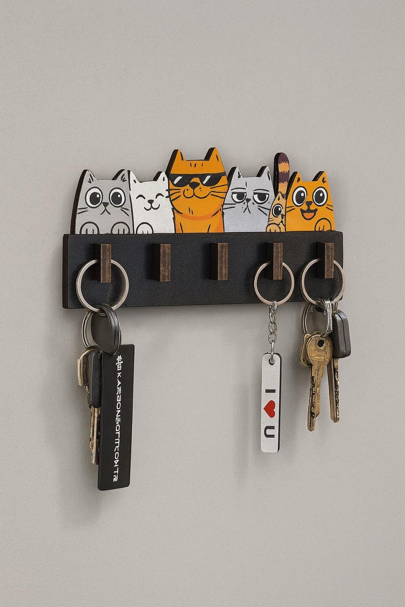 Cute Cat Key Holder – 5 Hook Wooden Wall Organizer – Adhesive Backed No ...