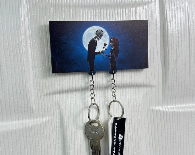 Featured listing image: Gothic Romance Key Holder – Skeleton Couple with Rose, Dark Love Wooden Wall Hook