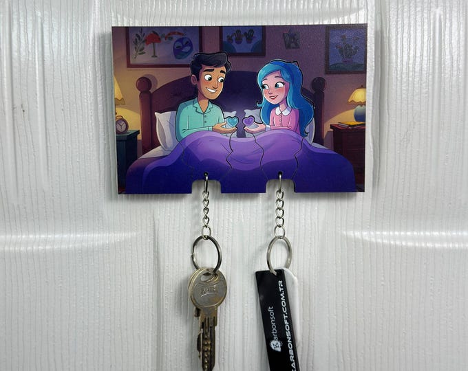 Featured listing image: Cozy Couple Key Holder – Bedtime Tea Scene Wooden Wall Hook, Cute Gift for Lovers