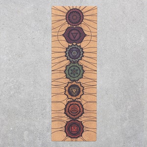 May include: A brown yoga mat with a design of seven chakras, each with a different color and symbol. The chakras are arranged vertically down the center of the mat.