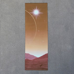 May include: A digital illustration of a sunset over a red and orange landscape with a bright white sun and a ring around it. The sky is a gradient of orange, yellow, and pink.