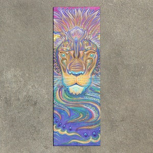 May include: A psychedelic painting of a lion's face with intricate details and vibrant colors, including purple, blue, yellow, and green. The lion's eyes are a bright blue, and its mane is a mix of pink and purple.