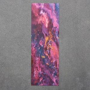 May include: Abstract painting on a canvas with swirling pink, purple, and gold colors.