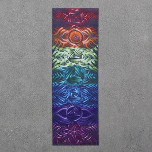 May include: A colorful yoga mat with a rainbow design featuring intricate patterns and symbols. The mat is divided into seven sections, each representing a different chakra.