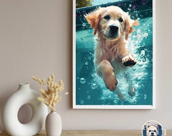 Golden Retriever 2 Puppy Pool Dive,  Dog Poster, Dog  Decor, print, dog, Golden, Golden Retriever,  puppy