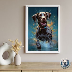 GSP, German Shorthaired pointer,  Puppy Pool Dive, Dog Poster, Dog Decor, print, GSP puppy, kids decor, dog art, ai art, dog, Pointer dog,
