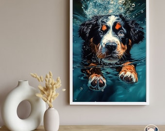 Bernese Mountain dog, Bernese Puppy Pool Dive, Dog Poster, Dog Decor, print, Bernese mountain, puppy, kids decor, dog art, Berner dog,
