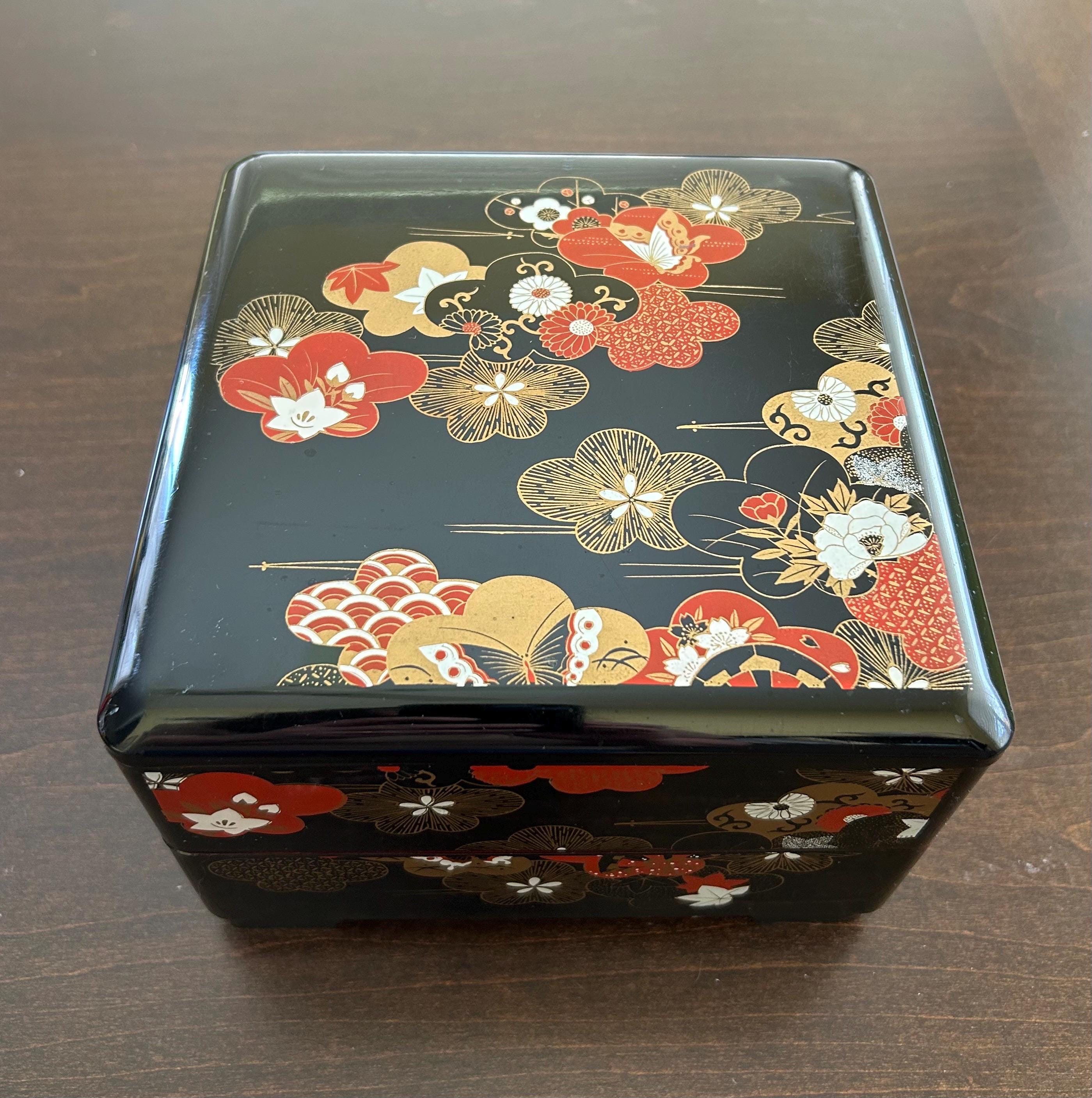 Vintage Square Laquer Stacking Bento Box Three Tier Floral