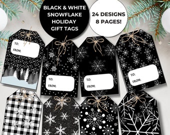 Schwarzweiße Weihnachtsgeschenkanhänger, druckbare Weihnachtsgeschenkanhänger, druckbare Geschenkanhänger für Weihnachten, Schneeflocke Geschenkanhänger, minimalistische Weihnachtsanhänger