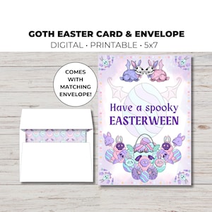 Può includere: Un set di biglietto e busta stampabile da 12,7 x 17,8 cm con un tema pasquale gotico. Il biglietto presenta uno sfondo viola e rosa con un uovo di Pasqua spettrale e coniglietti. Il testo recita "Have a spooky Easterween". La busta ha un motivo abbinato.