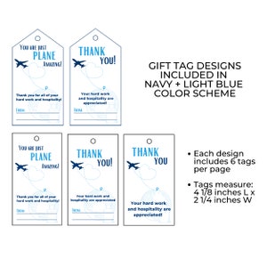 May include: Printable gift tags with airplane designs in navy and light blue. The tags say "You are just plane amazing!" and "Thank you!" with a plane flying over a heart. Each design includes 6 tags per page and measures 4 1/8 inches long by 2 1/4 inches wide.