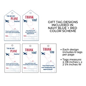 May include: Four printable gift tag designs featuring airplanes, hearts, and the text "You are just plane amazing!" and "Thank you!" The tags are in navy blue and red with a white background. Each design includes 6 tags per page and measures 4 1/8 inches long by 2 1/4 inches wide.
