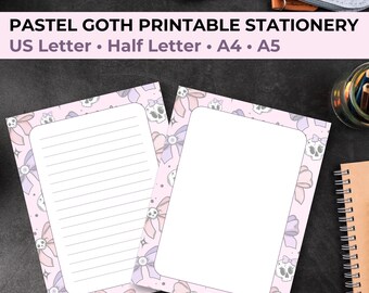 Artigos de papelaria góticos pastel, artigos de papelaria góticos, Halloween rosa, artigos de papelaria góticos fofos, conjunto de artigos de papelaria para impressão, papel de papelaria para impressão