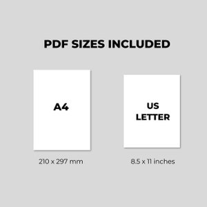 May include: Two white squares with black text. The left square says "A4" and "210 x 297 mm". The right square says "US LETTER" and "8.5 x 11 inches".