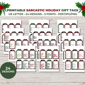 K&ouml;nnte beinhalten: Ein Satz von 24 druckbaren Geschenkanh&auml;ngern mit einem sarkastischen Weihnachtsmotiv. Die Anh&auml;nger haben ein rot-gr&uuml;nes Karomuster auf wei&szlig;em Hintergrund. Der Text auf den Anh&auml;ngern enth&auml;lt S&auml;tze wie "Du wei&szlig;t schon, wie du dir das eine Ding gew&uuml;nscht hast, das ich nicht bekommen habe." und "Na ja, es gibt ja immer noch n&auml;chstes Jahr."