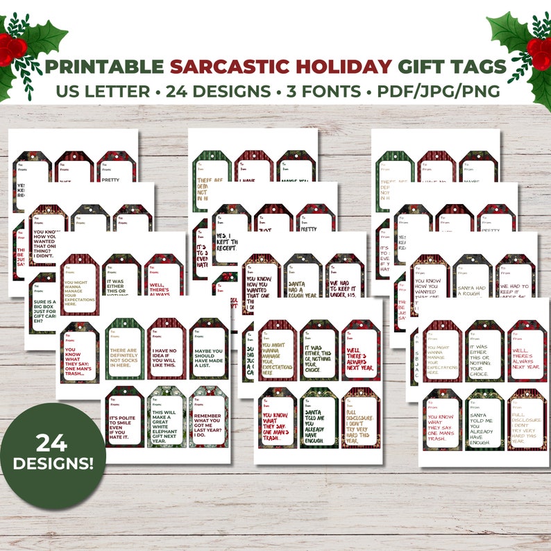K&ouml;nnte beinhalten: Ein Satz von 24 druckbaren Geschenkanh&auml;ngern mit einem sarkastischen Weihnachtsmotiv. Die Anh&auml;nger haben ein rot-gr&uuml;nes Karomuster auf wei&szlig;em Hintergrund. Der Text auf den Anh&auml;ngern enth&auml;lt S&auml;tze wie "Du wei&szlig;t schon, wie du dir das eine Ding gew&uuml;nscht hast, das ich nicht bekommen habe." und "Na ja, es gibt ja immer noch n&auml;chstes Jahr."