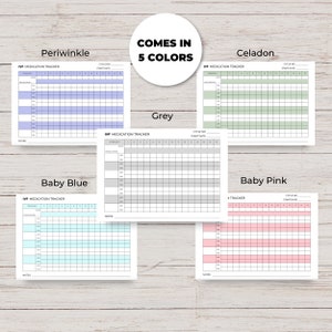 May include: Printable IVF medication tracker in five colors: periwinkle, celadon, grey, baby blue, and baby pink. Each tracker includes a section for cycle number, start date, medication, and notes.