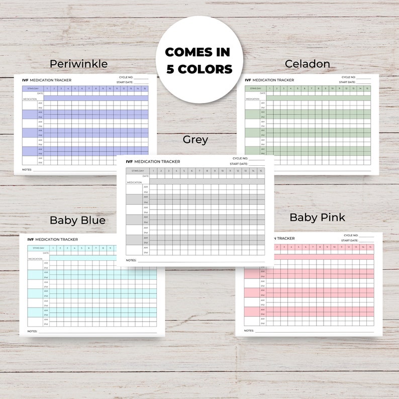 May include: Printable IVF medication tracker in five colors: periwinkle, celadon, grey, baby blue, and baby pink. Each tracker includes a section for cycle number, start date, medication, and notes.