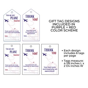 May include: Four printable gift tag designs featuring a plane and a heart with the text "You are just plane amazing!" and "Thank you!" in purple and red. Each design includes 6 tags per page and measures 4 1/8 inches by 2 1/4 inches.