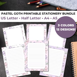 May include: Pastel goth printable stationery bundle featuring US Letter, Half Letter, A4, and A5 sizes. The stationery has a repeating pattern of skulls and bows in pastel colors. The image includes the text "3 COLORS 12 DESIGNS!"