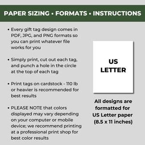 K&ouml;nnte beinhalten: Ein wei&szlig;es Rechteck mit dem Text "US LETTER" in Schwarz. Der Text unter dem Rechteck lautet "Alle Designs sind f&uuml;r US Letter Papier (8,5 x 11 Zoll) formatiert". Der Text &uuml;ber dem Rechteck lautet "PAPER SIZING FORMATS INSTRUCTIONS". Der Text unter dem Rechteck beschreibt, wie man Geschenkanh&auml;nger druckt.
