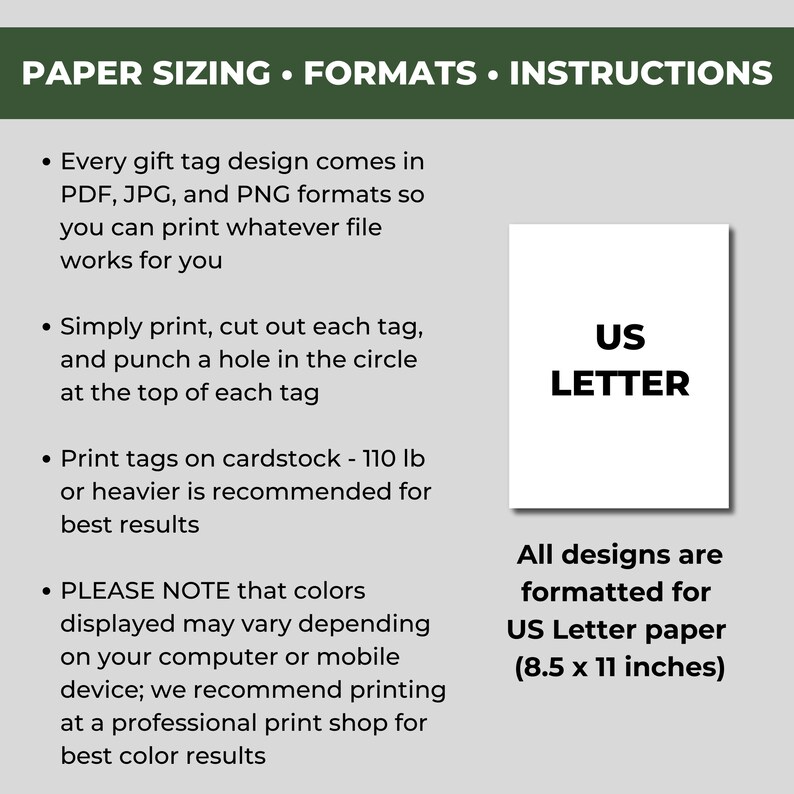 K&ouml;nnte beinhalten: Ein wei&szlig;es Rechteck mit dem Text "US LETTER" in Schwarz. Der Text unter dem Rechteck lautet "Alle Designs sind f&uuml;r US Letter Papier (8,5 x 11 Zoll) formatiert". Der Text &uuml;ber dem Rechteck lautet "PAPER SIZING FORMATS INSTRUCTIONS". Der Text unter dem Rechteck beschreibt, wie man Geschenkanh&auml;nger druckt.