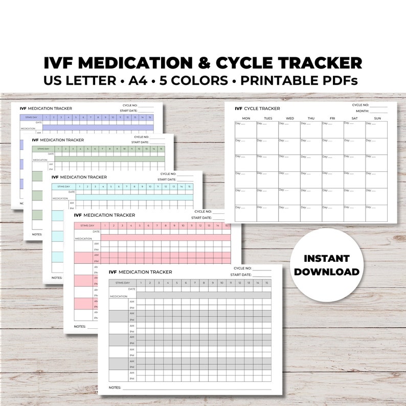 May include: Five printable IVF medication and cycle trackers in different colors: light blue, green, light blue, pink, and gray. Each tracker has a section for medication, date, and notes. The trackers are labeled "IVF Medication Tracker" and "IVF Cycle Tracker".