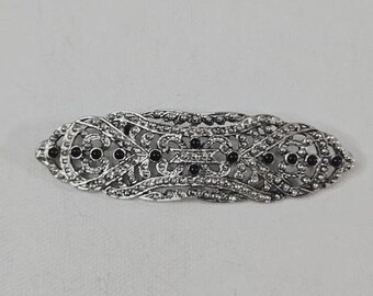 Ornate Silver Tone Bar Brooch Filigree Black Beaded Unmarked Jewelry Pin