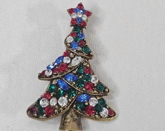 Vintage Christmas Tree Brooch Multicolored Rhinestones Holiday Gift Marked Pin