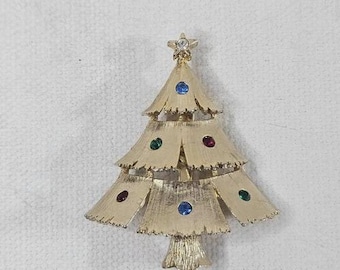JJ Jonette Jewelry Christmas Tree Brooch Gold Tone Rhinestone Ornament Holiday