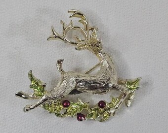 Gerry's Reindeer Brooch Gold Tone Red Green Holly Christmas Jewelry Pin