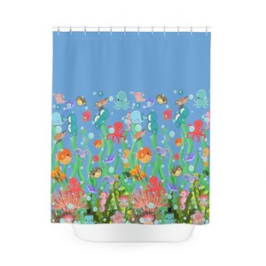 Aquatic Bathroom Curtain, Blue Shower Curtain, Polyester Shower Curtain