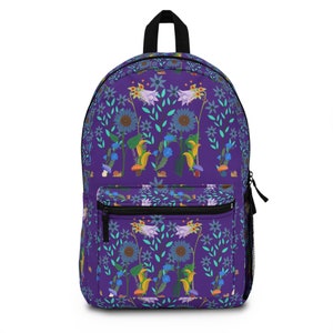 Purple Back to School Backpack, Floral Pattern Travel Bag