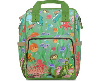 Green Aquatic Gift Diaper Bag, Baby Shower Gift Backpack, New Mommy Gift Bag, Multifunctional Diaper Backpack