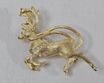 Gold Tone Reindeer Brooch Clear Rhinestone Marked Textured Brushed Jewelry Pin