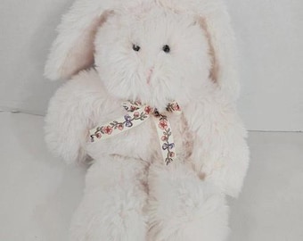 1997 Mary Meyer Bunny Pink Plush Floral Bow Rabbit Stuffed Animal Toy Vintage