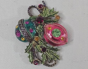 Christmas Ornament Brooch Enameled Multicolored Rhinestone Holly Leaves Unmarked