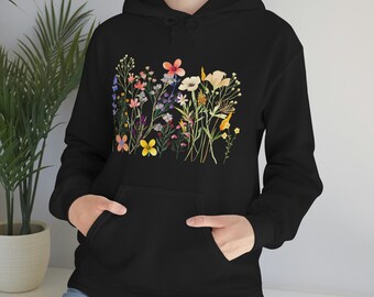 Botanical Floral Design Hoodie, Wildflowers Gift for Women Sweatshirt, Flowers Stems Ladies Unisex Heavy Blend Hooded Sweatshirt