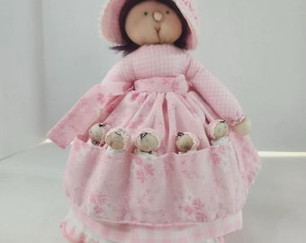 Vintage Cloth Rag Girl Doll 5 Babies In Apron Pocket Plush Stuffed Pink