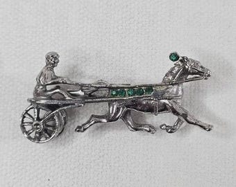 Silver Tone Harness Racing Horse Sulky Brooch Green Rhinestone Unmarked Jockey Pin