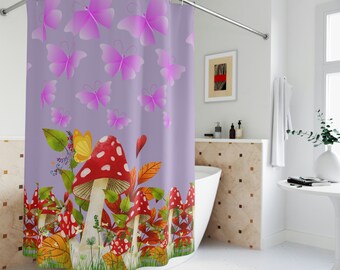 Mushroom Butterflies Polyester Shower Curtain