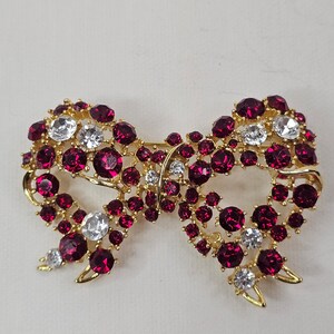 M Jent Gold Tone Ribbon Bow Brooch Deep Red Clear Rhinestone Christmas Holiday