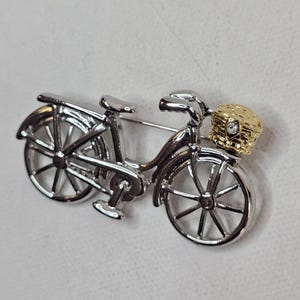 Vintage Bike Bicycle With Basket Brooch Silver Gold Tone Clear Rhinestone Pin