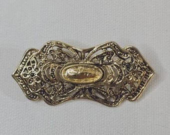 Gold Tone Filigree Brooch Ornate Bow Oval Center Unmarked Vintage Blazer Pin
