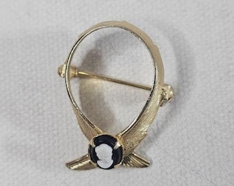 Vintage Feathered Ribbon Brooch 1/20 12K Gold Filled Black White Cameo Lapel Pin
