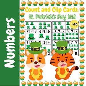 St. Patrick&#39;s Day Hat Clothespin Count and Clip Cards #1-20 Printable Digital Download, Homeschool Math