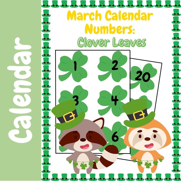 St. Patrick's Clover Leaves Calendar Numbers | Numbers 1-31 Squares | Preschool Pocket Chart Calendar | Kindergarten Homeschool